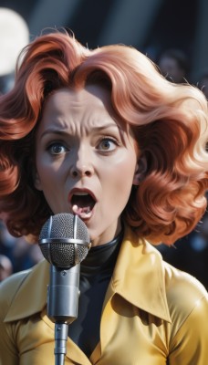 1girl,solo,looking at viewer,short hair,open mouth,brown hair,shirt,brown eyes,jacket,upper body,red hair,teeth,tongue,medium hair,orange hair,blurry,lips,black shirt,blurry background,turtleneck,parody,portrait,microphone,curly hair,realistic,nose,music,singing,microphone stand,spotlight,stage lights,afro