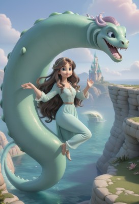 1girl,solo,long hair,breasts,smile,open mouth,blue eyes,brown hair,dress,jewelry,very long hair,flower,outdoors,sky,barefoot,teeth,day,belt,cloud,water,blue sky,lips,blue dress,ocean,wavy hair,cloudy sky,sharp teeth,green dress,fantasy,dragon,castle,long sleeves,full body,braid,artist name,necklace,high heels,brown footwear,sandals,grass,flying,long dress