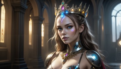 HQ,1girl,solo,long hair,breasts,looking at viewer,blue eyes,blonde hair,large breasts,brown hair,cleavage,jewelry,medium breasts,closed mouth,upper body,artist name,indoors,armor,blurry,lips,window,makeup,blurry background,watermark,facial mark,tiara,crown,shoulder armor,gem,portrait,pauldrons,realistic,nose,shoulder pads,forehead jewel,church,parted lips,necklace,cape,detached collar,glowing,wavy hair,forehead mark,pillar