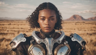 1girl,solo,looking at viewer,short hair,brown hair,black hair,brown eyes,upper body,outdoors,parted lips,sky,day,cloud,dark skin,medium hair,armor,blurry,dark-skinned female,lips,blurry background,shoulder armor,portrait,science fiction,curly hair,pauldrons,breastplate,realistic,nose,straight-on,very dark skin,thick eyebrows,wind,forehead,dreadlocks