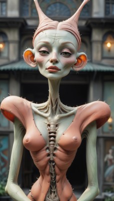 1girl,solo,breasts,looking at viewer,blush,brown eyes,medium breasts,closed mouth,nipples,upper body,nude,small breasts,blurry,makeup,blurry background,colored skin,monster girl,veins,ribs,alien,horror (theme),what,navel,black eyes,lips,genderswap,genderswap (mtf),realistic,antennae,bald