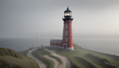 outdoors,sky,day,cloud,water,no humans,cloudy sky,grass,building,scenery,road,lamppost,tower,fog,grey sky,tree,ocean,beach,sand,horizon,landscape,shore,lighthouse