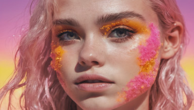 1girl, solo, long hair, looking at viewer, pink hair, parted lips, lips, grey eyes, eyelashes, makeup, portrait, close-up, freckles, realistic, nose