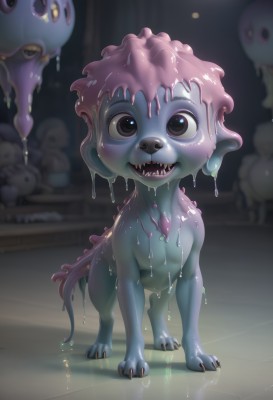 solo,looking at viewer,smile,open mouth,standing,tail,full body,pink hair,teeth,indoors,blurry,black eyes,wet,no humans,blurry background,colored skin,stuffed toy,stuffed animal,sharp teeth,claws,monster,creature,dripping,slime (substance),horror (theme),1girl,blush,brown eyes,monster girl,blue skin,slime girl