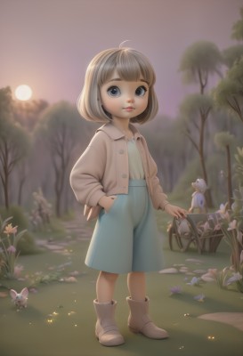 1girl,solo,looking at viewer,short hair,bangs,blue eyes,skirt,brown hair,shirt,long sleeves,dress,holding,closed mouth,standing,jacket,full body,flower,ahoge,grey hair,boots,outdoors,open clothes,artist name,blunt bangs,bag,blurry,open jacket,tree,lips,blue skirt,buttons,blurry background,animal,moon,white footwear,bob cut,cardigan,grass,child,nature,forest,backlighting,hand in pocket,rabbit,sun,female child,open cardigan,shorts,mole,mole under eye,brown footwear,blue shorts,sunset,basket,mouse