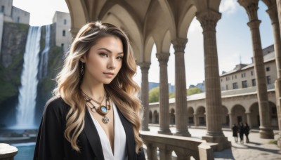 1girl,solo,long hair,breasts,looking at viewer,smile,blue eyes,blonde hair,brown hair,dress,cleavage,brown eyes,jewelry,upper body,earrings,outdoors,sky,solo focus,day,water,necklace,lips,wavy hair,building,pendant,hoop earrings,realistic,fantasy,pillar,waterfall,fountain,medium breasts,mole,sunlight,scenery