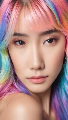 1girl,solo,long hair,looking at viewer,smile,bangs,bare shoulders,brown eyes,closed mouth,blue hair,pink hair,multicolored hair,lips,eyelashes,gradient hair,makeup,portrait,close-up,realistic,nose,rainbow hair,blurry