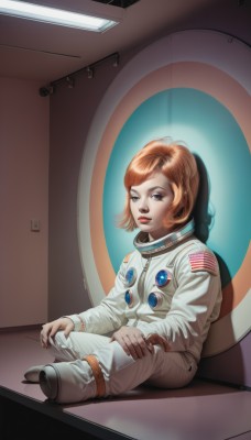 1girl,solo,looking at viewer,short hair,blue eyes,brown hair,brown eyes,sitting,full body,boots,indoors,orange hair,lips,makeup,science fiction,realistic,nose,american flag,spacesuit,japanese flag,space helmet,astronaut,parted lips,red lips