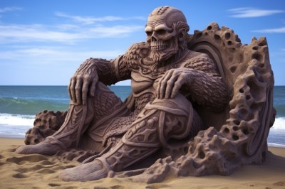 solo,1boy,sitting,male focus,outdoors,sky,day,cloud,water,blue sky,no humans,ocean,beach,skull,monster,sand,alien,desert,full body,teeth,armor,colored skin,rock,realistic,bald,skeleton,statue