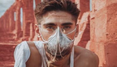 solo,looking at viewer,short hair,brown hair,1boy,brown eyes,upper body,male focus,outdoors,day,dark skin,blurry,mask,blurry background,portrait,realistic,mouth mask,bare shoulders,jewelry,collarbone,white shirt,earrings,thick eyebrows