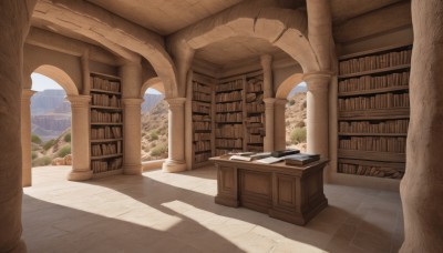 outdoors,sky,day,cloud,indoors,tree,blue sky,book,no humans,window,shadow,chair,table,sunlight,nature,scenery,stairs,mountain,bookshelf,pillar,book stack,library,column,architecture,landscape,arch