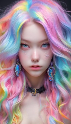 1girl,solo,long hair,breasts,looking at viewer,blue eyes,blonde hair,simple background,cleavage,jewelry,closed mouth,blue hair,upper body,pink hair,multicolored hair,earrings,choker,collar,two-tone hair,lips,streaked hair,eyelashes,aqua hair,gradient hair,makeup,wavy hair,black choker,expressionless,lipstick,black background,gem,portrait,close-up,eyeshadow,pink lips,realistic,nose,scales,mascara,rainbow hair,heart,aqua eyes,forehead,freckles