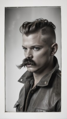 solo,looking at viewer,blue eyes,simple background,shirt,black hair,1boy,jacket,upper body,male focus,grey background,grey eyes,black shirt,facial hair,border,portrait,white border,beard,zipper,realistic,mustache,manly,mole,black jacket,leather,undercut,leather jacket,mohawk