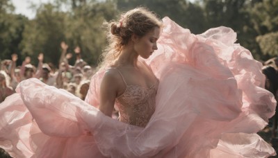 1girl,solo,long hair,breasts,blonde hair,brown hair,hair ornament,dress,cleavage,bare shoulders,closed mouth,collarbone,closed eyes,upper body,flower,small breasts,outdoors,solo focus,day,dark skin,hair bun,white dress,blurry,from side,dark-skinned female,lips,see-through,eyelashes,profile,depth of field,blurry background,single hair bun,realistic,spaghetti strap,dancing,ballerina,tutu,sleeveless dress,pink dress,ballet