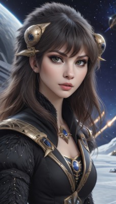 1girl,solo,long hair,breasts,looking at viewer,bangs,brown hair,black hair,hair ornament,dress,cleavage,brown eyes,jewelry,medium breasts,closed mouth,green eyes,upper body,sky,artist name,signature,necklace,lips,fur trim,eyelashes,makeup,night,brooch,gem,star (sky),night sky,snow,pendant,starry sky,freckles,realistic,nose,space,planet,parted lips,headgear,red lips