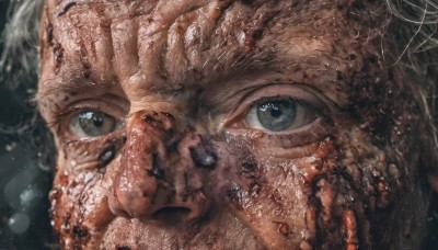 solo,looking at viewer,blue eyes,1boy,male focus,water,blurry,grey eyes,portrait,close-up,realistic,old,eye focus,facial hair,wrinkled skin