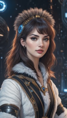 1girl,solo,long hair,looking at viewer,bangs,brown hair,black hair,hair ornament,brown eyes,jewelry,closed mouth,upper body,hairband,earrings,mole,blurry,black eyes,lips,grey eyes,fur trim,eyelashes,mole under eye,makeup,blurry background,lipstick,gem,freckles,realistic,nose,red lips,parted lips,artist name,coat,swept bangs,eyeshadow,fur collar,white coat,winter clothes,fur-trimmed coat