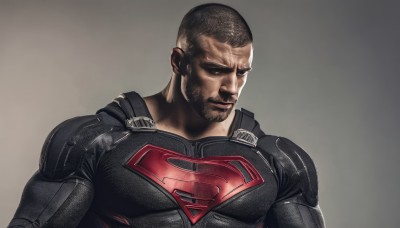 solo,short hair,black hair,1boy,closed mouth,closed eyes,upper body,male focus,dark skin,grey background,armor,bodysuit,muscular,facial hair,dark-skinned male,thick eyebrows,pectorals,muscular male,bara,beard,mature male,realistic,very short hair,manly,superhero,buzz cut