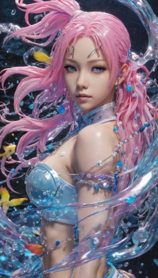 1girl,solo,long hair,breasts,looking at viewer,blue eyes,hair ornament,bare shoulders,jewelry,medium breasts,upper body,pink hair,earrings,parted lips,midriff,water,necklace,from side,lips,one side up,gem,armlet,freckles,fish,bubble,circlet,realistic,nose,shell,artist name,watermark,piercing,web address,beads,pearl (gemstone)