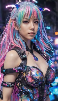 1girl,solo,long hair,breasts,looking at viewer,bangs,cleavage,bare shoulders,jewelry,medium breasts,closed mouth,blue hair,upper body,pink hair,multicolored hair,blurry,black eyes,two-tone hair,lips,grey eyes,aqua hair,blurry background,science fiction,realistic,nose,hair ornament,watermark,gem,armlet,zipper,cyberpunk