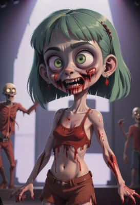 1girl,breasts,smile,short hair,open mouth,bangs,shirt,navel,jewelry,green eyes,standing,collarbone,cowboy shot,earrings,small breasts,green hair,multiple boys,shorts,teeth,solo focus,midriff,belt,2boys,blurry,torn clothes,short shorts,blood,blurry background,fangs,bob cut,tank top,sharp teeth,red shirt,wide-eyed,blood on face,blood on clothes,bald,torn shirt,brown shorts,zombie,blood on hands,blood from mouth,horror (theme),guro,covered nipples,clenched teeth,ribs,skeleton,undead