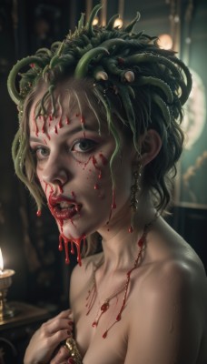 1girl,solo,breasts,looking at viewer,short hair,bare shoulders,jewelry,upper body,nude,earrings,parted lips,green hair,teeth,tongue,indoors,tongue out,necklace,blurry,black eyes,lips,grey eyes,blood,depth of field,blurry background,monster girl,hand on own chest,tentacles,blood on face,realistic,candle,blood on hands,cleavage,medium breasts,green eyes,nail polish,from side,ring,plant girl,snake hair