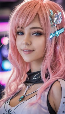 1girl,solo,long hair,breasts,looking at viewer,smile,bangs,blue eyes,hair ornament,jewelry,upper body,pink hair,parted lips,teeth,choker,artist name,signature,necklace,blurry,lips,wavy hair,realistic,clothing cutout,eyelashes,blurry background,gem,portrait,nose