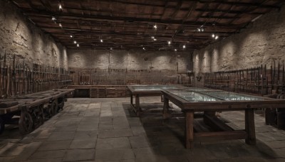 indoors,no humans,sunlight,ground vehicle,scenery,light rays,stairs,railing,tiles,light,bench,bridge,ceiling,ceiling light,chandelier,water,wooden floor