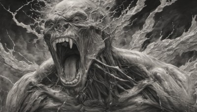 solo,looking at viewer,open mouth,1boy,monochrome,upper body,greyscale,male focus,teeth,tongue,cloud,no humans,muscular,traditional media,portrait,monster,realistic,bald,giant,lightning,horror (theme),sharp teeth,electricity