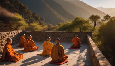 black hair,sitting,male focus,outdoors,japanese clothes,multiple boys,day,kimono,from behind,tree,shadow,sunlight,nature,scenery,seiza,6+boys,mountain,facing away,road,bush,shade,5boys,indian style,wall,on ground,pavement,sky,robe