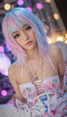 1girl,solo,breasts,looking at viewer,bangs,blue eyes,gloves,dress,cleavage,bare shoulders,jewelry,medium breasts,sitting,underwear,blue hair,collarbone,upper body,pink hair,multicolored hair,parted lips,white gloves,blunt bangs,medium hair,necklace,off shoulder,bra,white dress,blurry,two-tone hair,lips,streaked hair,head tilt,grey eyes,makeup,depth of field,blurry background,realistic,long hair,closed mouth,white hair,food,artist name,gradient hair,watermark,gem,web address,pink lips