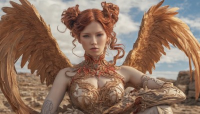 1girl,solo,breasts,looking at viewer,short hair,blue eyes,brown hair,gloves,cleavage,bare shoulders,medium breasts,closed mouth,upper body,weapon,outdoors,parted lips,wings,sky,day,cloud,hair bun,orange hair,armor,blurry,blue sky,lips,clothing cutout,double bun,blurry background,cleavage cutout,gauntlets,feathered wings,angel wings,realistic,angel,dress,red hair,chinese clothes