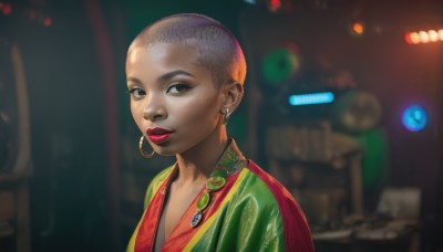 1girl,solo,looking at viewer,short hair,brown eyes,jewelry,upper body,grey hair,earrings,dark skin,necklace,blurry,black eyes,dark-skinned female,lips,makeup,blurry background,lipstick,hoop earrings,realistic,nose,red lips,very short hair,undercut,eyeshadow,very dark skin