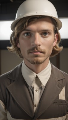 solo,looking at viewer,short hair,blonde hair,brown hair,shirt,1boy,hat,brown eyes,closed mouth,jacket,white shirt,upper body,male focus,necktie,collared shirt,indoors,blurry,uniform,black eyes,lips,buttons,blurry background,facial hair,white headwear,helmet,wing collar,black necktie,beard,pocket,brown jacket,realistic,mustache,breast pocket,black jacket,dress shirt,nose,goatee