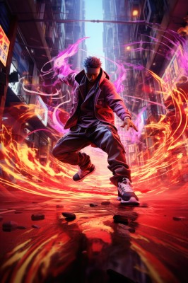 solo,looking at viewer,smile,short hair,shirt,black hair,red eyes,long sleeves,1boy,standing,jacket,full body,male focus,outdoors,open clothes,shoes,pants,open jacket,black shirt,blood,night,glowing,black pants,white footwear,fire,spiked hair,building,sneakers,red jacket,reflection,city,magic,aura,energy,puddle,burning,reflective floor,itadori yuuji,pink hair,hood,hoodie,hood down,blindfold,road,open hand,undercut,open hands,red hoodie