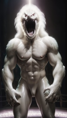 solo,looking at viewer,open mouth,red eyes,1boy,navel,nipples,standing,male focus,nude,teeth,pussy,no humans,uncensored,muscular,fangs,abs,pectorals,sharp teeth,muscular male,bara,claws,large pectorals,monster,thighs,artist name,scar,piercing,furry,veins,nipple piercing,white fur