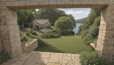 outdoors,sky,day,cloud,water,tree,blue sky,no humans,window,grass,plant,building,nature,scenery,forest,stairs,road,bush,wall,house,brick wall,river,path,stone wall,mountain,landscape