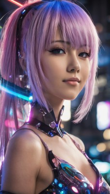 1girl,solo,long hair,breasts,looking at viewer,bangs,cleavage,bare shoulders,brown eyes,closed mouth,upper body,ponytail,pink hair,small breasts,blurry,lips,depth of field,blurry background,science fiction,realistic,nose,android,blue eyes,sidelocks,bra,from side,eyelashes,detached collar,cyberpunk