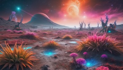 flower,outdoors,sky,cloud,water,tree,no humans,night,glowing,moon,star (sky),nature,night sky,scenery,full moon,starry sky,rock,mountain,fantasy,planet,landscape,shooting star,grass,science fiction,mushroom