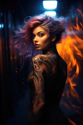 1girl,solo,long hair,breasts,looking at viewer,short hair,blue eyes,brown hair,medium breasts,red hair,looking back,from behind,lips,tattoo,makeup,night,floating hair,fire,realistic,nose,back tattoo,bare shoulders