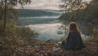 1girl,solo,long hair,brown hair,sitting,outdoors,sky,day,cloud,water,from behind,tree,bird,wavy hair,cloudy sky,grass,nature,scenery,forest,reflection,robe,mountain,facing away,river,landscape,lake,dress,red hair,signature,sunlight,on ground