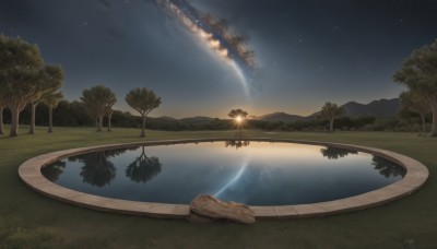 outdoors,sky,cloud,signature,water,tree,no humans,night,grass,star (sky),nature,night sky,scenery,forest,starry sky,reflection,mountain,river,lake,road,bush,landscape,shooting star,path,hill,reflective water,milky way