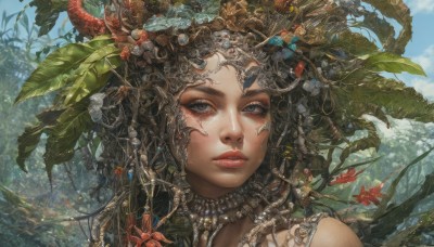 1girl,solo,long hair,looking at viewer,blue eyes,black hair,hair ornament,jewelry,flower,outdoors,parted lips,horns,sky,day,necklace,tree,blue sky,lips,eyelashes,leaf,plant,portrait,nature,realistic,nose,fantasy,brown hair,bare shoulders,upper body,earrings,cloud,grey eyes,makeup,feathers,lipstick,gem,close-up,eyeshadow,branch,headdress,eyeliner,mascara