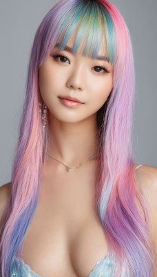 1girl,solo,long hair,breasts,looking at viewer,smile,bangs,simple background,cleavage,brown eyes,jewelry,medium breasts,closed mouth,underwear,blue hair,upper body,pink hair,multicolored hair,earrings,blunt bangs,grey background,necklace,bra,two-tone hair,lips,head tilt,gradient hair,makeup,realistic,rainbow hair,bare shoulders,black eyes,blue bra