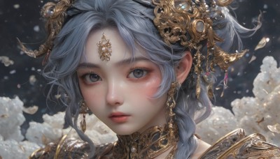 1girl,solo,long hair,looking at viewer,short hair,bangs,blue eyes,hair ornament,jewelry,closed mouth,blue hair,braid,flower,grey hair,earrings,cloud,armor,lips,grey eyes,petals,eyelashes,portrait,freckles,realistic,nose,gold,blush,parted lips,artist name,blurry,parted bangs,expressionless,shoulder armor,gem,light particles,close-up,gold trim