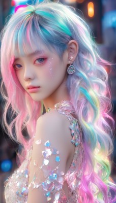 1girl,solo,long hair,breasts,looking at viewer,bangs,blue eyes,dress,bare shoulders,jewelry,medium breasts,closed mouth,blue hair,upper body,pink hair,multicolored hair,earrings,sleeveless,blurry,from side,two-tone hair,lips,looking to the side,eyelashes,aqua hair,gradient hair,makeup,depth of field,blurry background,heterochromia,watermark,wavy hair,gem,eyeshadow,crystal,pink lips,realistic,nose,mascara,rainbow hair,artist name,tears,blunt bangs,necklace,streaked hair,bokeh,pearl (gemstone),diamond (gemstone)