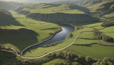 outdoors,sky,day,cloud,water,tree,no humans,grass,nature,scenery,forest,mountain,road,green theme,river,landscape,lake,from above