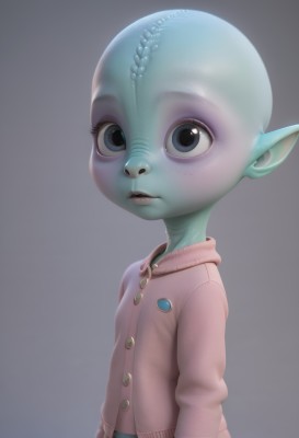 1girl,solo,looking at viewer,blue eyes,simple background,closed mouth,upper body,pointy ears,grey background,black eyes,lips,grey eyes,buttons,colored skin,cardigan,monster girl,child,freckles,realistic,blue skin,female child,alien,nose,bald,green skin