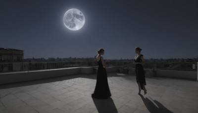 short hair,multiple girls,skirt,brown hair,black hair,dress,2girls,standing,outdoors,sky,barefoot,sleeveless,hair bun,black dress,night,shadow,moon,single hair bun,plant,building,night sky,scenery,full moon,long skirt,city,cityscape,wide shot,walking