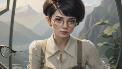 1girl,solo,looking at viewer,short hair,bangs,brown hair,shirt,black hair,holding,brown eyes,jewelry,white shirt,upper body,earrings,parted lips,glasses,day,striped,collared shirt,indoors,lips,eyelashes,window,dress shirt,buttons,swept bangs,leaf,suspenders,plant,vertical stripes,sleeves rolled up,freckles,black-framed eyewear,striped shirt,mountain,nose,round eyewear,stud earrings,overalls,scissors,vertical-striped shirt,brown-framed eyewear,blush,closed mouth,outdoors,sky,water,makeup,realistic,red lips,yellow-framed eyewear